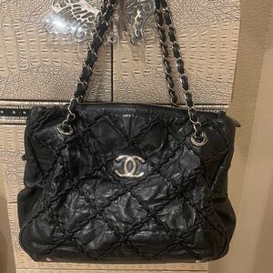 CHANEL Black Quilted Braided Leather Shoulder Bag with Chain Straps